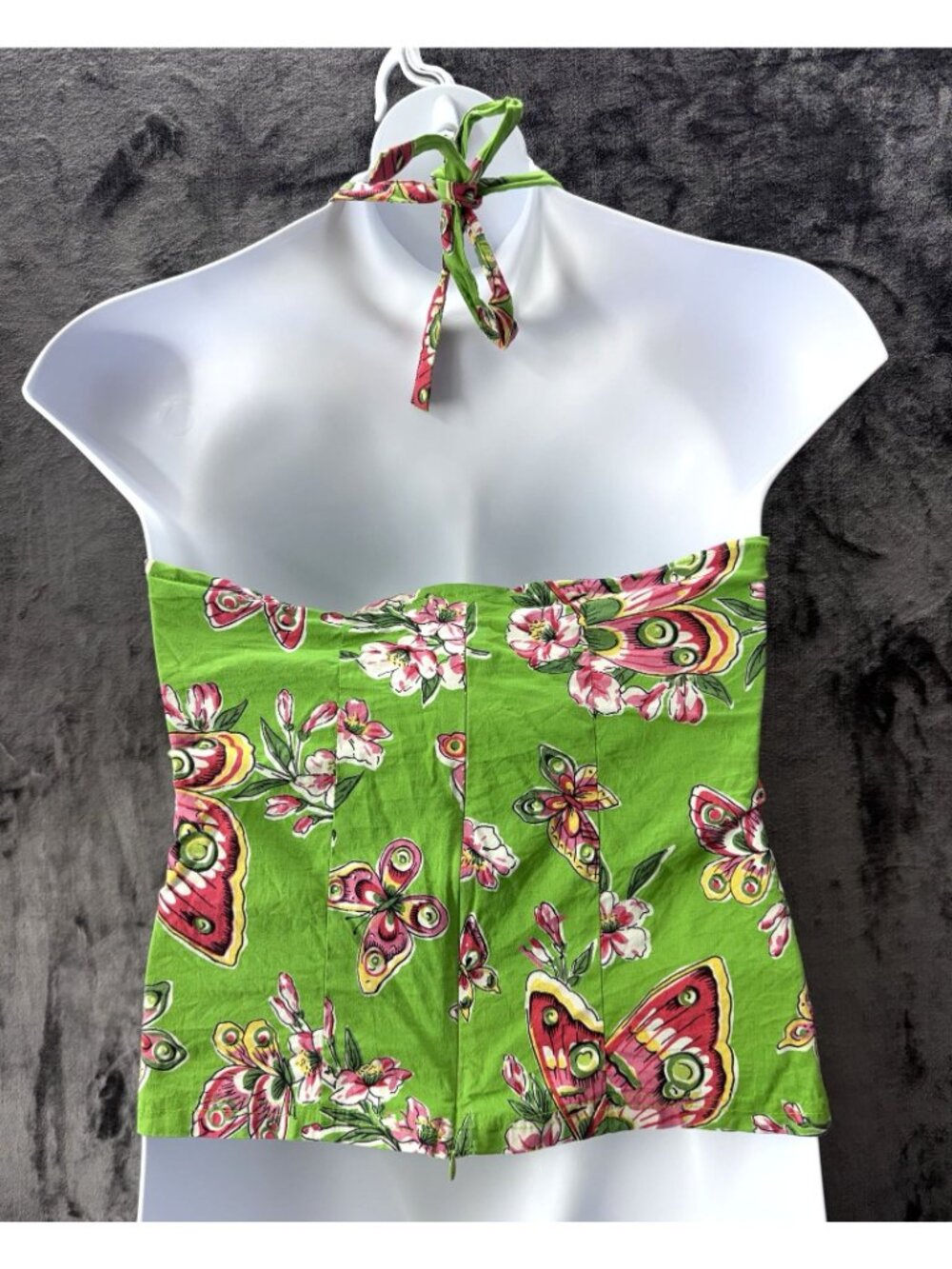 Bamboo Traders Halter Top L Green Butterfly Floral Cotton Stretch Boho - Picture 3 of 7